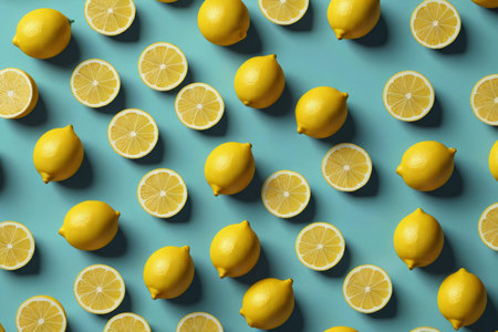 Lemon and lemon slices on a blue backgroundの素材