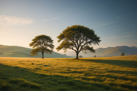 Two trees on the grassland natural sceneryの素材