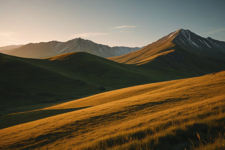 Grasslands and mountains stretching under the setting sunの素材