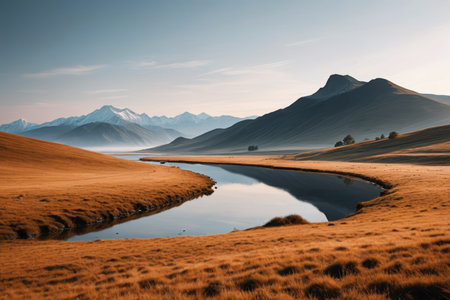 Grassland river and distant snow-capped mountain sceneryの素材