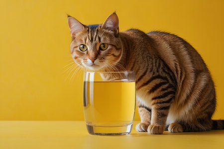 Cat and glass in front of yellow backgroundの素材