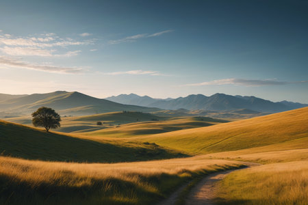 Lone tree scenery among the wilderness hillsの素材
