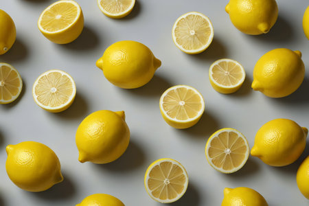 Lemon and lemon slices on a gray backgroundの素材