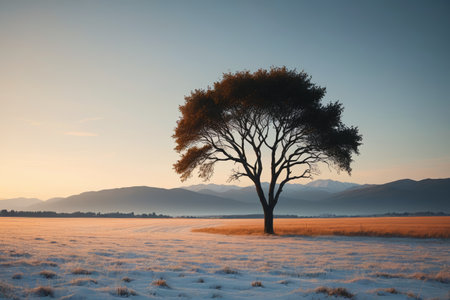 Lonely trees in the wilderness and snowy scenery in the distant mountainsの素材