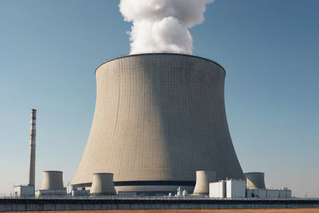 Power plant cooling tower and chimney viewの素材