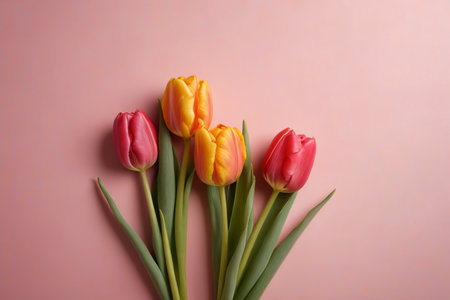 Red-yellow-red tulips on a pink backgroundの素材
