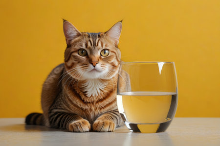 Still life photo of a brown cat with a glassの素材