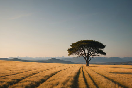 Independent trees in the fields and distant mountain sceneryの素材