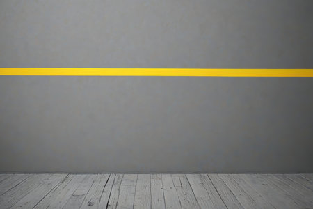 Gray walls with yellow lines and wooden floorsの素材