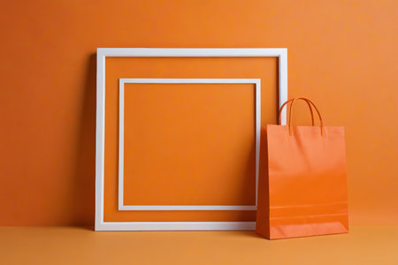 Shopping bag with picture frame on orange backgroundの素材