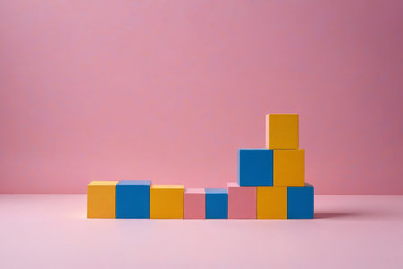 Colorful blocks stacked on a pink backgroundの素材