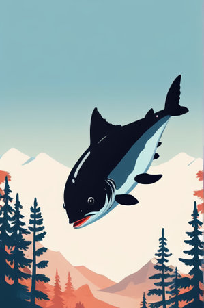 Aerial leaping whales and forest backgroundの素材