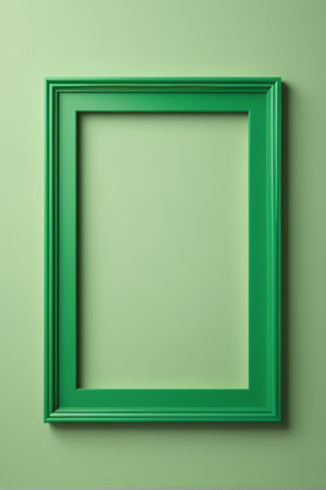 Green photo frame hanging on light green wallの素材