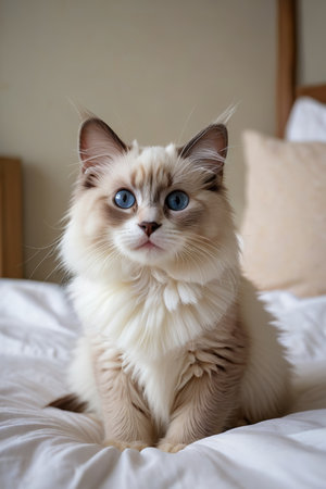 Blue-eyed long-haired cat sitting in bedの素材