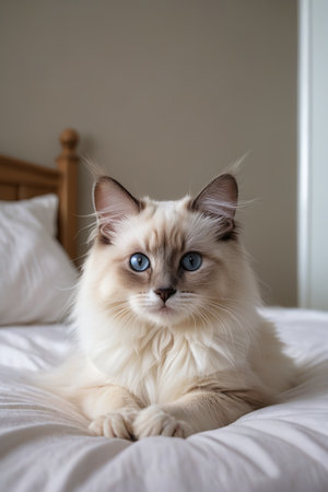 Blue-eyed long-haired cat in bedの素材