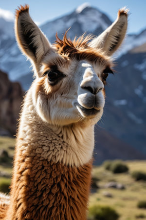 Close-up of an alpaca against a snowy mountain backdropの素材