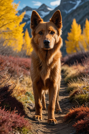 Brown pet dog standing on an outdoor trailの素材
