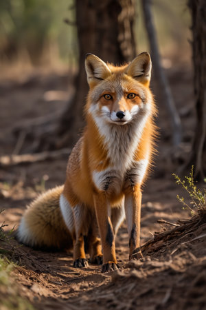 Red fox squatting in the forestの素材