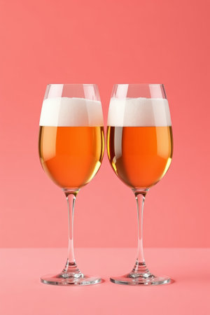 Two stemware glasses with foamy drinksの素材