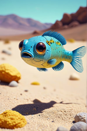 Blue cartoon fish suspended in the desertの素材