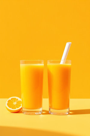 Orange juice in two glasses with half an orange sliceの素材