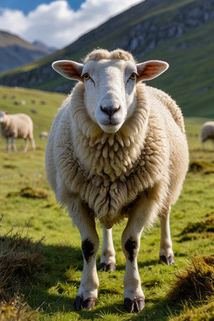 Close-up of sheep on the grasslandの素材