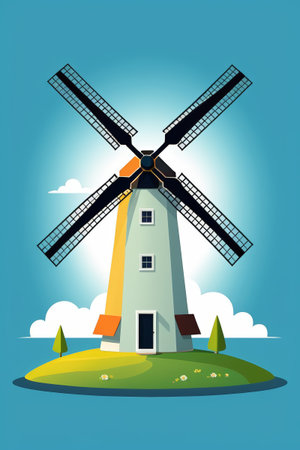 Windmill illustration under blue sky and white cloudsの素材