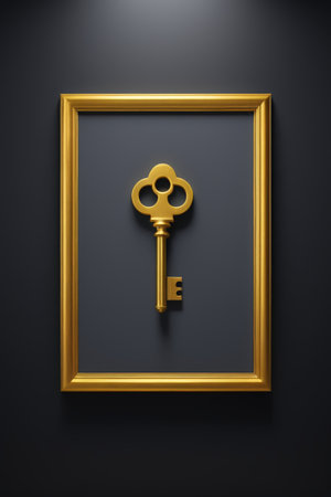 Gold key framed in a gold frameの素材
