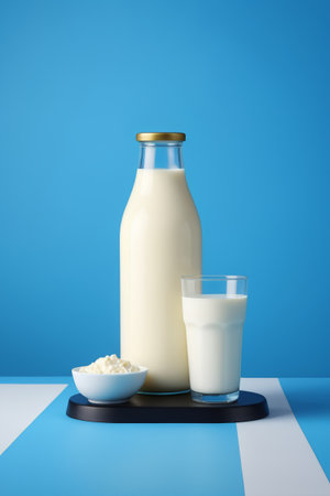 Bottled milk and milk products on a blue backgroundの素材