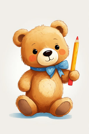 Illustration of cute bear holding a pencilの素材