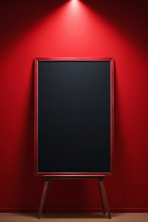 Black picture frame display stand in front of red wallの素材