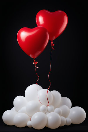 Red heart-shaped balloons and white balloon stacksの素材