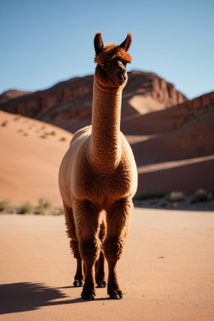Alpacas standing in the desertの素材