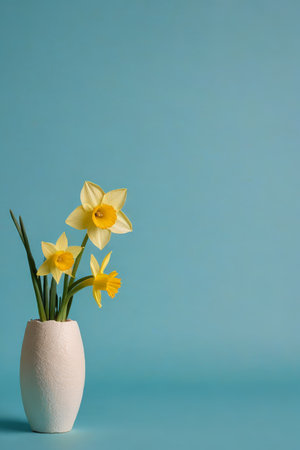 Yellow daffodils in a vase with a blue backgroundの素材