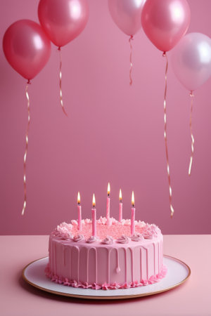 Pink birthday cake with balloon sceneの素材