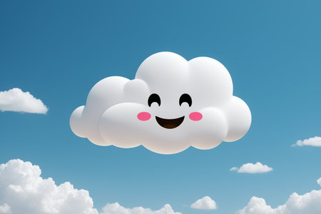 Cartoon smiley face clouds on blue sky backgroundの素材