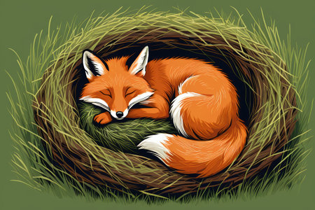 Sleeping fox in a grass nestの素材