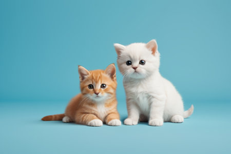 Two cute kittens pose for a photo against a blue backgroundの素材