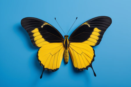 Yellow and black butterfly on a blue backgroundの素材