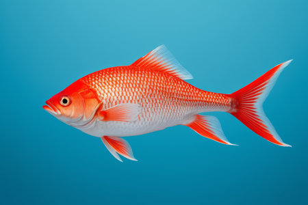Red goldfish swimming against a blue backgroundの素材
