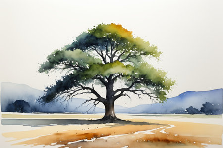 Watercolor style of a lone tree in the wildernessの素材
