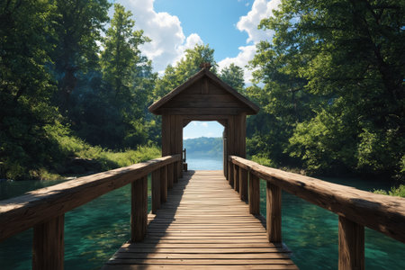 Wooden trestle in the forest leads to the lakeの素材