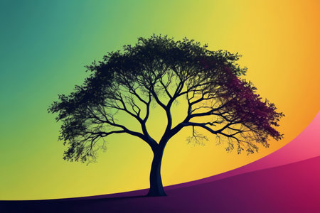 Silhouette of a single tree against a colorful backgroundの素材