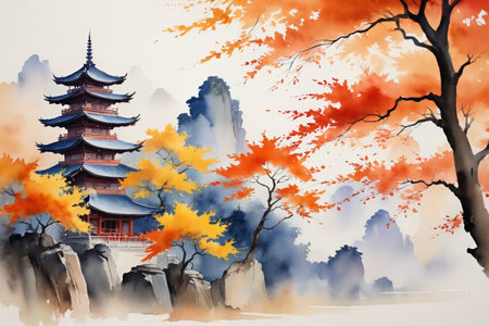 Ancient Chinese towers and autumn scenery materialsの素材