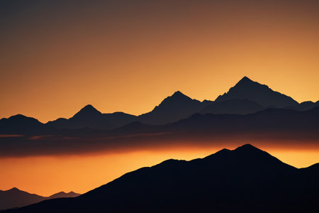 Panoramic view of the mountains at sunsetの素材