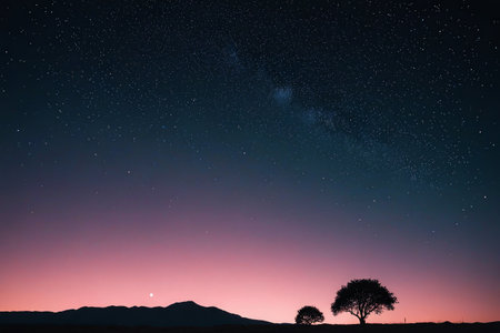 Mountains and trees under the night sky starry skyの素材