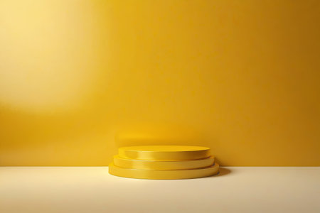 Three-tiered circular display stand on a yellow backgroundの素材
