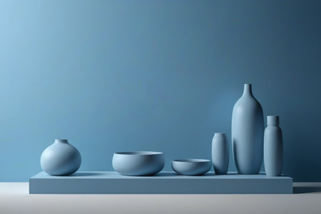 Simple ceramic vessels against a blue backgroundの素材