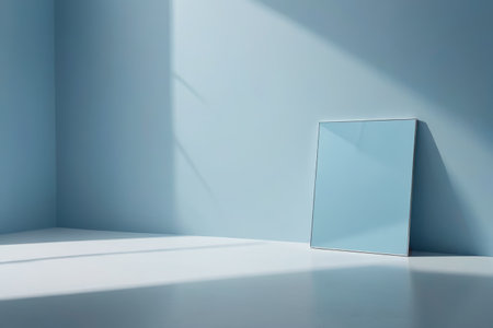 Square objects placed against the wall in a blue roomの素材