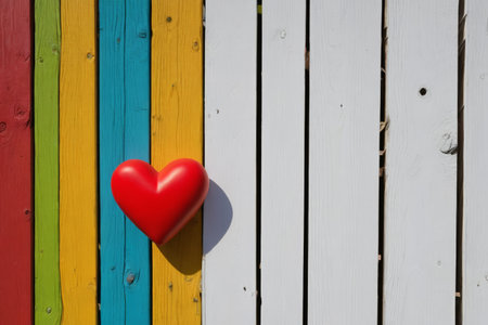 Red heart on a colorful wooden backgroundの素材